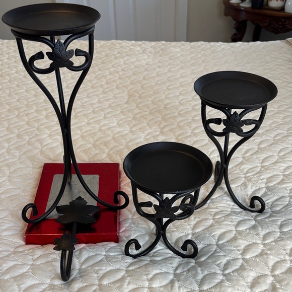 Longaberger Other - Longaberger Black Metal Candle Holder Trio and Matching Hook Maple Leaf Design